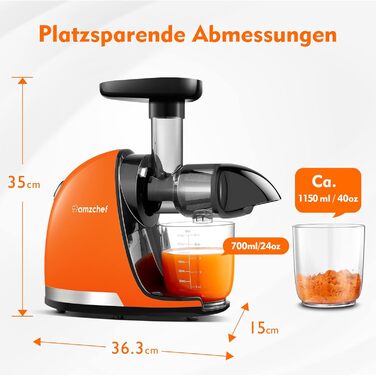 AMZCHEF Juicer - Vegetable and Fruit Test Winner - Slow Juicer with Reverse-Mastication Function - Gentle Crushing Without Filtering - Electric Juice Press with Brush and 2 Cups - Vibrant Orange
