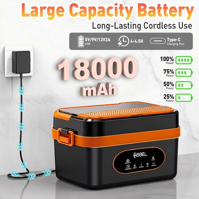 Електрична обідовниця з підігрівом 1.5L, перезаряджувана, портативна, для роботи, сім'ї, кемпінгу, офісу, подорожей, будівельних майданчиків, чорна з червоними акцентами