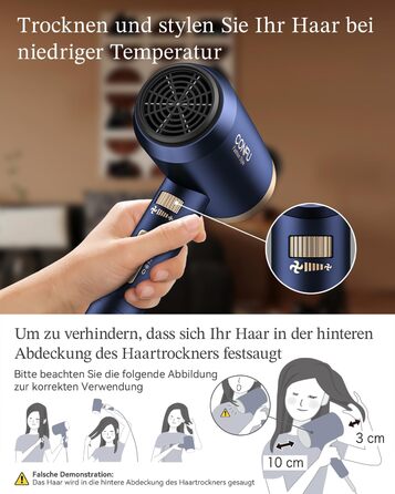 Іонізатор для волосся Föhn, 1800W, з насадкою-дифузором, 3 режими температури, безліч налаштувань швидкості, портативний фен, Marineblau (морський блакитний)