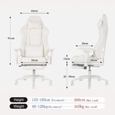 Ігрове крісло HOMRACER, ергономічне офісне крісло зі спинкою, підставкою для ніг, підголівником і подушкою для попереку, м’яке комп’ютерне крісло, біле