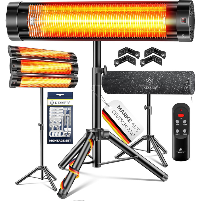 Інфрачервовий обігрівач KESSER® 2500W з пульт дистанційного керування та захисним чохлом, телескопічною стійкою, для тераси та дому
