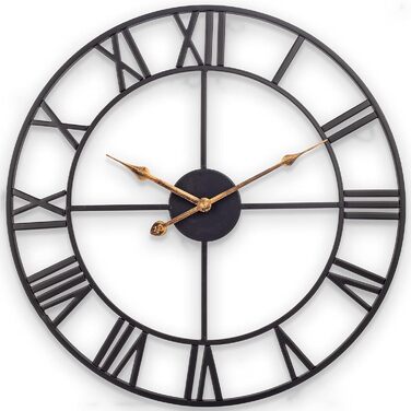 Large Wall Clock, European Industrial Vintage Wall Clock with Roman Numerals, Silent No Ticking Sounds Metal Wall Clock, Decorative Wall Clock for Living Room, Kitchen, Bedroom - 35cm, Black