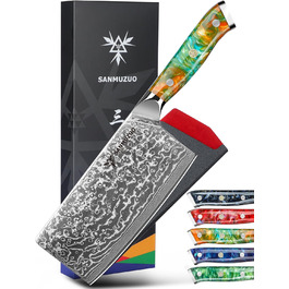 Японський ніж Nakiri SANMUZUO Xuan 19 см, Дамаск, VG10 сталь, ручка з епоксидної смоли (Dream Orange)