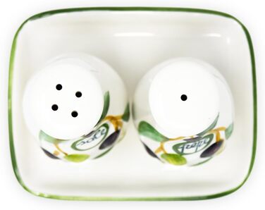 Handmade salt and pepper shaker set from Italian ceramic, 3-piece in olive green design with tray, size 14x8 cm