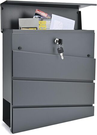 Поштова скринька Verda Anthrazit з газетницею, порошкове покриття AkzoNobel, 2 ключі, табличка з ім'ям, персоналізована, дизайнерська настінна, нержавіюча сталь (Sn3645-1)