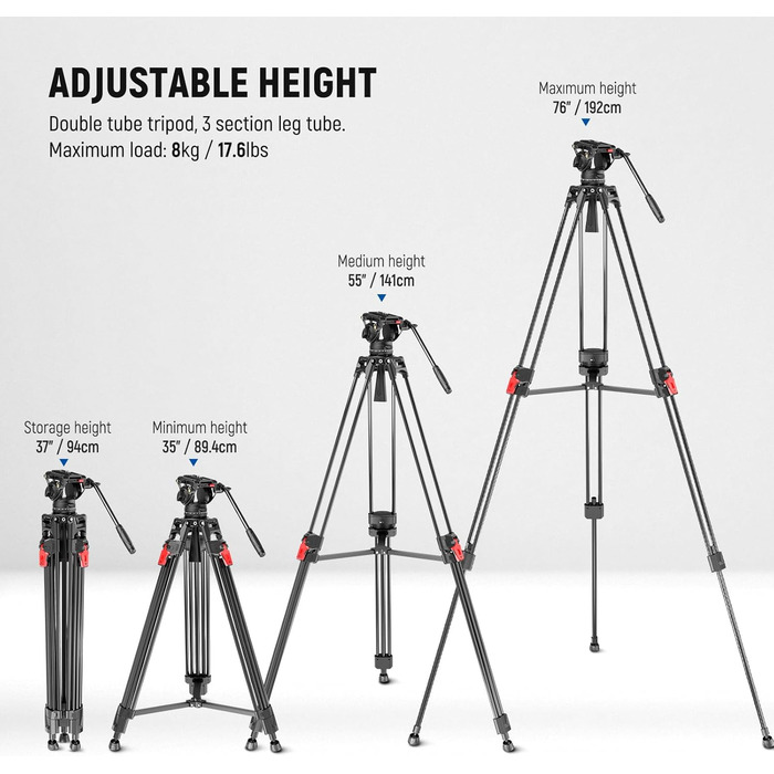 NEEWER Штатив відео професійний 74' з Fluid-головкою, сумісний з DJI RS, для DSLR, вантажопідйомність 8кг (LL27)