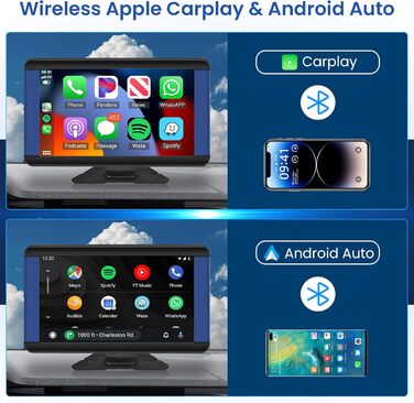 Портативне автомобільне радіо Rimoody 7'' з IPS-дисплеєм, Bluetooth, CarPlay, Android Auto, FM-трансмітером, GPS, голосовим управлінням, USB/AUX/TF для авто 7-32В