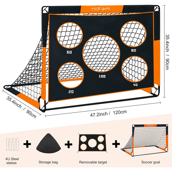TTCB Sports 2-in-1 Kids Soccer Goal - 5 Target Areas, Pop-Up Soccer Goal Net with Carry Bag, Ideal for Soccer Training & Gifts for Boys - Orange, 150x120x120cm