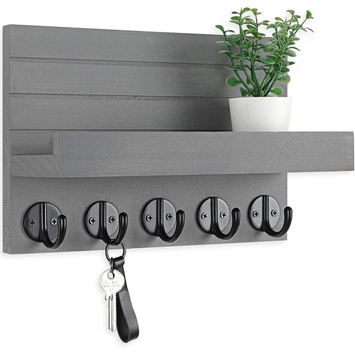 Lwenki Wall Key Holder, Decorative Key and Mail Holder with Shelf has large key hooks for bags, coats – Paulownia wood key hanger with mounting accessories (24.6 cm W x 17.7