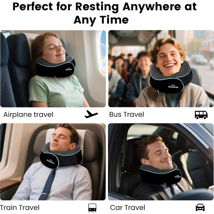 Подушка для шиї у літак з Memory Foam, 360° підтримка, з чохлом, маскою для очей та берушами, регульована подушка для подорожей (Чорний)