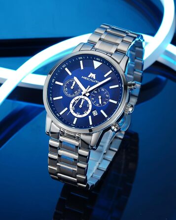 Чоловічий годинник MEGALITH з нержавіючої сталі, хронограф, водонепроникний, з великим циферблатом, датою, для роботи та відпочинку. Стильний подарунок для чоловіків (8345 Silver Blue)