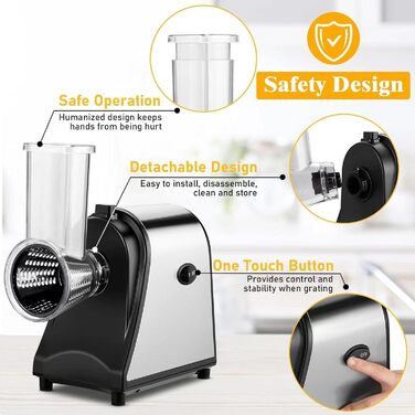 Електричний овочевий слайсер COOCHEER з нержавіючої сталі, 250W. Багатофункціональний подрібнювач з 5 лезами для овочів, сиру, картоплі, моркви, цибулі. Чорний.