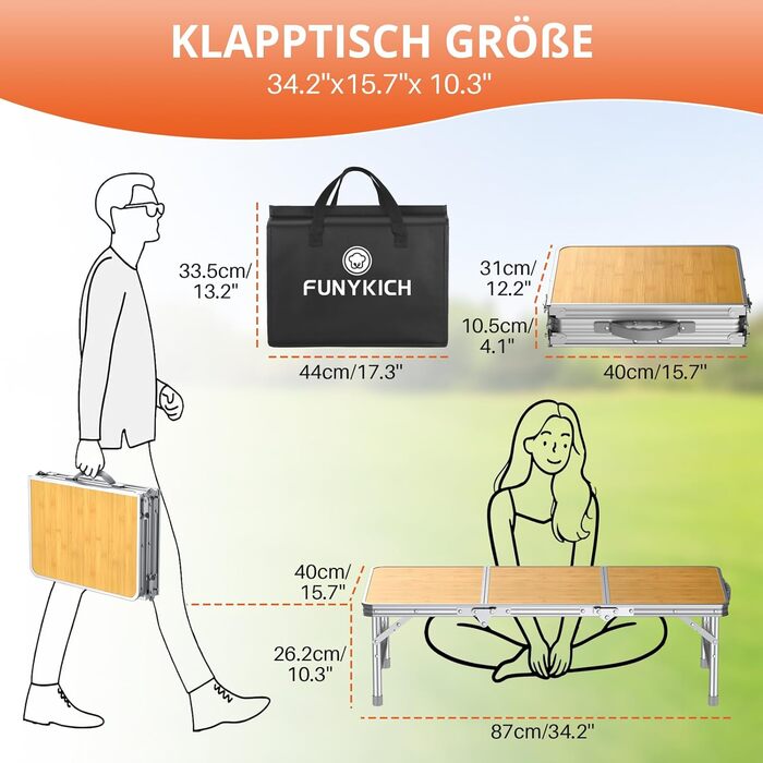 Складний кемпінговий стіл FUNYKICH 87x40x26 см, жовтий - алюмінієвий, MDF стільниця, з сумкою для перенесення