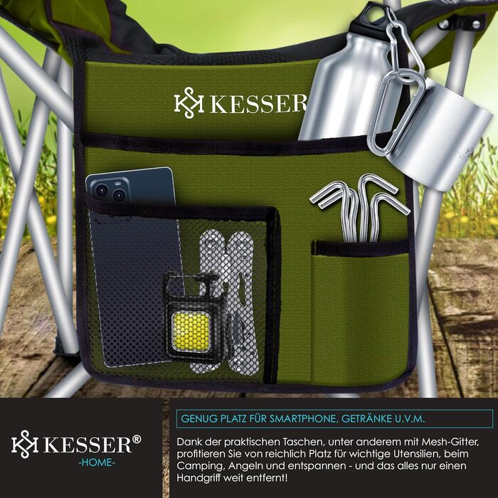 Крісло для кемпінгу KESSER® розкладне, до 150 кг, для риболовлі, з підлокітниками, високою спинкою, пляшкотримачем, світлом, сумкою, бежевий/чорний
