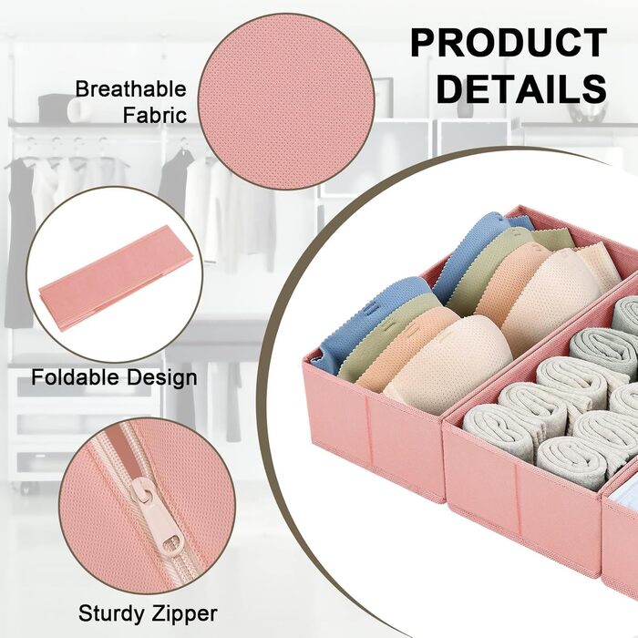 Drawer Organizer - Foldable Underwear Organizer Storage Box Fabric 16 Pieces Organizer Closet for Clothes, Socks (12 Pieces, Pink)