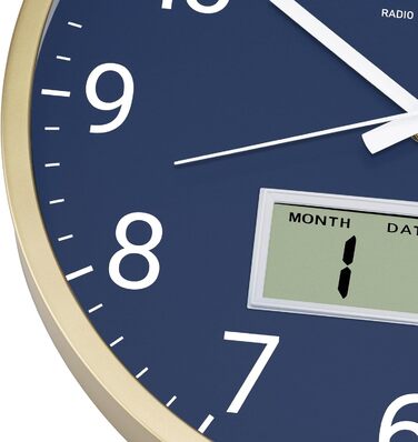 Стіна годинник Foxtop радіокерований, аналоговий, 30 см, з LCD-дисплеєм температури та дати, для кухні та вітальні, сріблястий, синя підсвітка