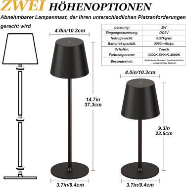 Набір з 2 бездротових настільних світильників LED з акумулятором, сенсорне регулювання яскравості, 3 режими кольору, USB-C зарядка для спальні, столу, кемпінгу (Чорний)