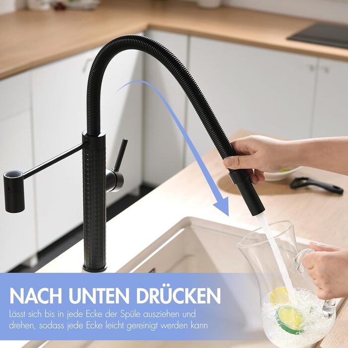 Сучасна кухонна змішувач AIMADI з висувною лійкою, поворотним гусаком на 360°, чорний/рожеве золото, для кухні та мийки