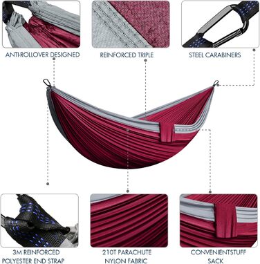 Гніздо-гамак для відпочинку на відкритому повітрі: двомісний, 300 x 200 см, ультралегкий, 300 кг, нейлон, дихаючий, для кемпінгу, відпочинку в саду та на пляжі (Бургунді)