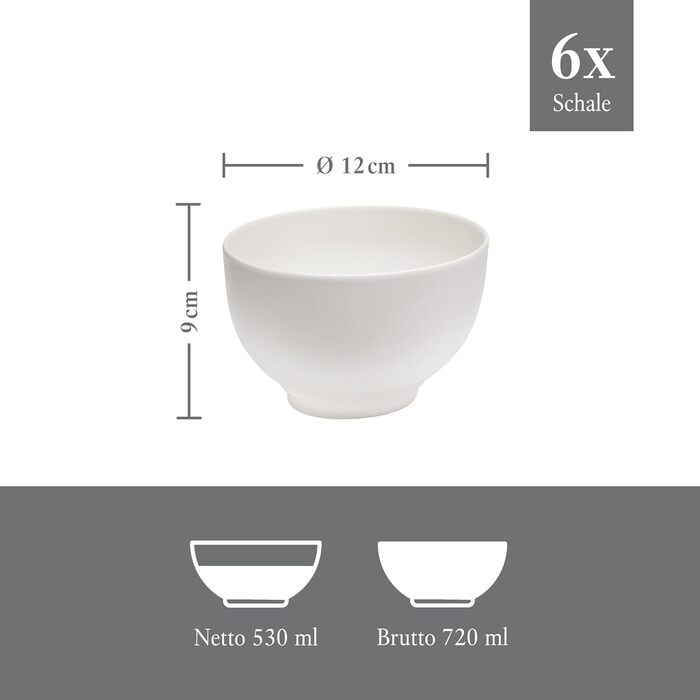 Набір мисок Villeroy & Boch Vivo Basic White на 6 персон, преміум порцеляна, для супу, салату, мюслі, білий, підходить для мікрохвильової печі та посудомийної машини