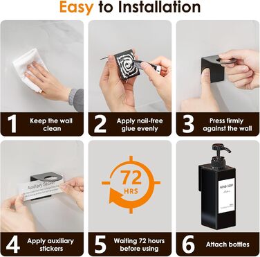 Настінний диспенсер для мила Anhow 3er PETG, 500 мл, чорний, без свердління, з 16 вологостійкими етикетками для кухні/ванної кімнати