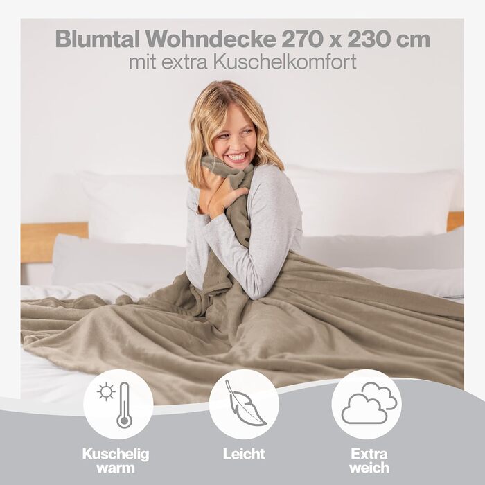 Пухка ковдра Blumtal Kuscheldecke: сертифікована Oeko-TEX флісова ковдра 150x200 см для дому та відпочинку. Ковдра для дивану, вітальні, тепла та затишку. Розмір 270x230 см, колір тауп.