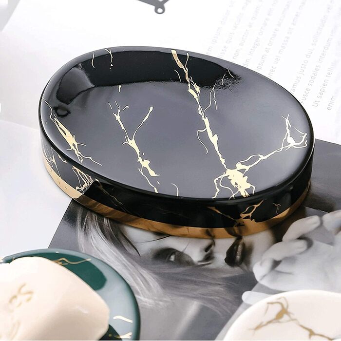 Миска для мила з імітацією мармуру FülleMore, кераміка, чорний колір, 12x8.5 см