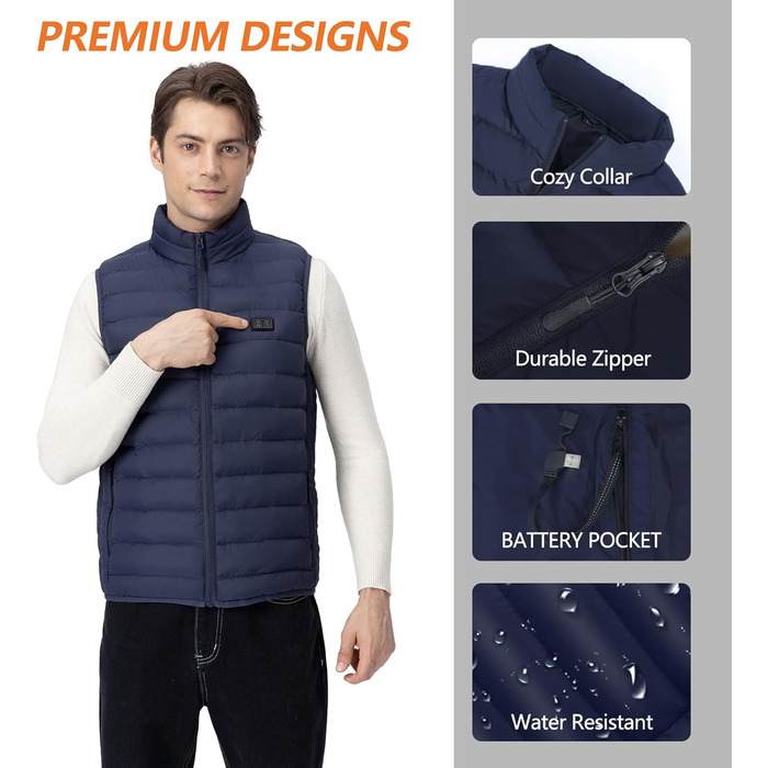 Обогревна жилетка для чоловіків: тепла зимова жилетка з акумулятором 5V 10000 mAh, 3 режими температури, придатна для прання, для активного відпочинку (XL, Синій)