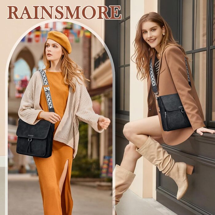 Сумка жіноча RAINSMORE через плече середнього розміру, шкіряна PU, чорна. Кросбоді сумка з широким ременем