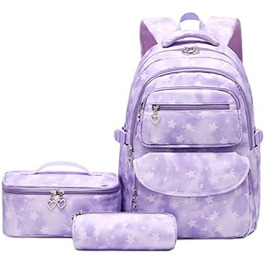 Шкільний рюкзак Tanou для дівчаток 3 шт. з ланч-боксом та пеналом, дихаючий, легкий, 22 літри, для 3-9 класів, фіолетовий зірковий принт