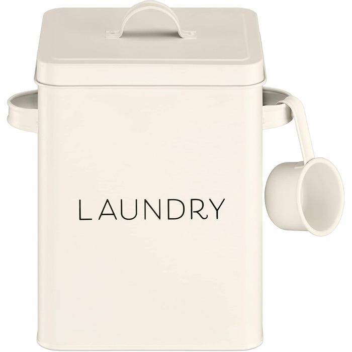 Navaris Laundry Detergent Box with Measuring Spoon - Metal Storage Box for Laundry Detergent - Laundry Dose Lid - Vintage Washing Powder Box Container - white