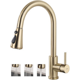 Кухонний змішувач з висувною лійкою, 3 режими струменя, поворотний на 360°, високого тиску, для кухні, матовий золотий