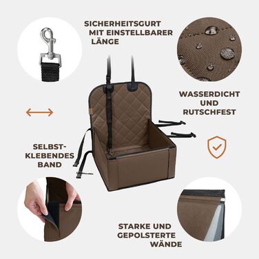 Extra Stable Dog Car Seat - High-Quality Car Seat for Small to Medium Dogs - Reinforced Walls and 3 Straps - Waterproof Dog Car Seat for Back and Front Seat (Beige) Brown
