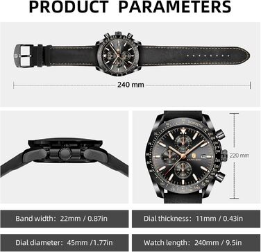 Годинник чоловічий BENYAR Chronograph з кварцовим механізмом, аналоговий, з шкіряним ремінцем. Стильний дизайн для бізнесу, спорту та повсякденного носіння. Водостійкість 30M. Елегантний подарунок для чоловіків (Чорний ремінець/Чорне корпус/Чорне цифербла
