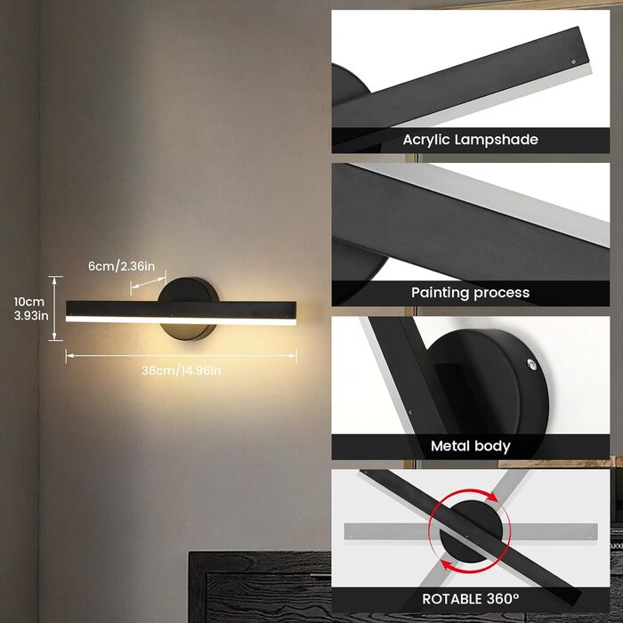 LED дзеркальна лампа Riserva 12W для ванної кімнати, поворотна 300°, 38 см, чорний колір, 3000K, для туалетного столика