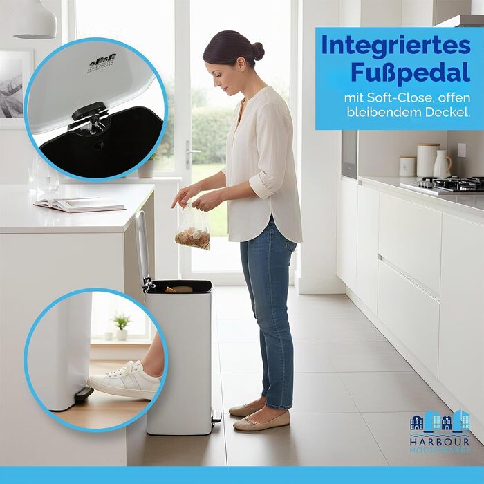 Сміттєвий відер з педаллю Harbour Housewares, 30 л, квадратний, нержавіюча сталь, білий, для кухні