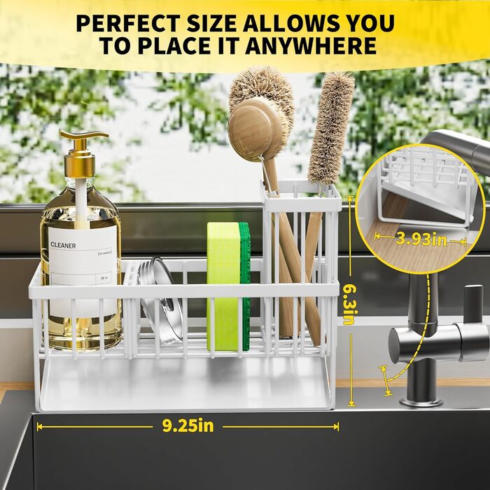 Cisily Kitchen Sink Caddy Organizer with Tall Brush Holder, Sponge Holder for Sink, 304 Stainless Steel, Kitchen Countertop, Soap Dispenser, Organizer, Kitchen Decor and Accessories (White/Opulent Garden)