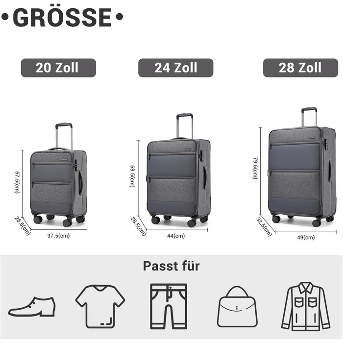Чемодан British Traveller розкладний, 100L, сірий, з TSA замком та 4 колесами, 79.5x49x32.5 см (S+M+L)