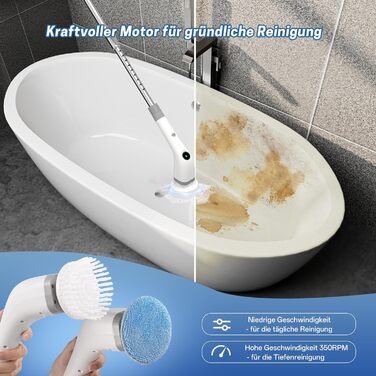 Електрична щітка для прибирання ванної кімнати, 7 в 1, з набором насадок, LED-дисплей, регульована ручка, IPX7, білий