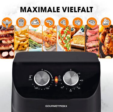 Gourmetmaxx Hot Air Fryer 4 L | Air Fryer with Timer Function & Stainless Steel Heating Element | Practical Preheating & Keep Warm Function | Low Odor, Energy-Saving & Virtually Oil-Free | 1400 W Matte Black 4 Liters