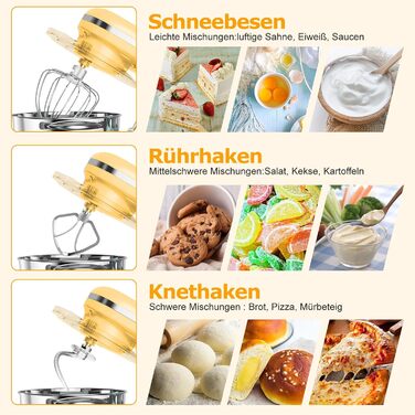 Кухонна машина AUMATE 1400 Вт, планетарний міксер з чашею 6,2 л, тістоміс з набором насадок (гак, вінчик, міксер), 6 швидкостей, лимонний колір