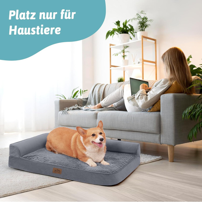 COZY KISS Orthopedic Dog Bed, 19cm Thick Dog Sofa for Medium-Sized Dogs, Removable and Washable Dog Couch, Non-Slip Bottom, Waterproof Inner Lining (Gray-L-Type, L(107 * 76 * 19CM))