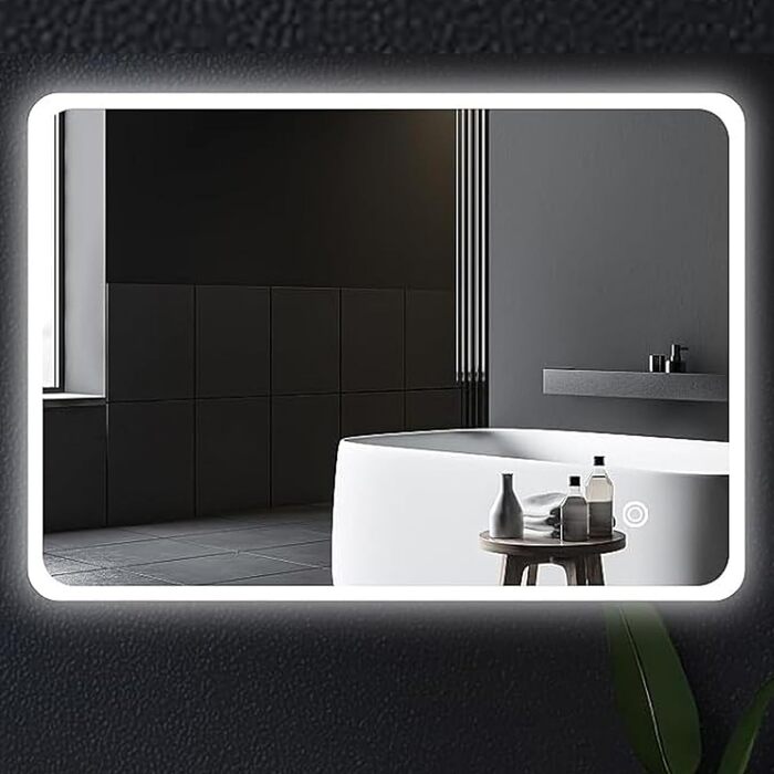 Дзеркало для ванної кімнати з підсвічуванням 70x50 см | LED дзеркало | IP54 вологостійке | Сенсорне управління | Настінне дзеркало | Горизонтальна/Вертикальна установка 6500K холодне біле світло