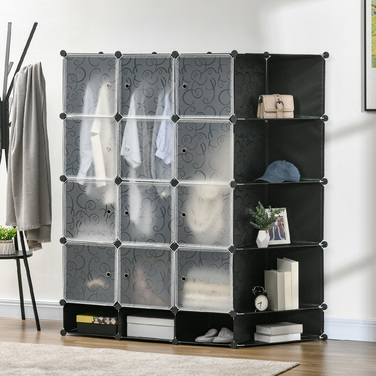 HOMCOM DIY Closet Organizer System with 16 Cubes and 2 Rods DIY Cube Shelf, Storage Shelf for Clothes, Shoes, Black 145 x 46 x 162 cm | Aosom