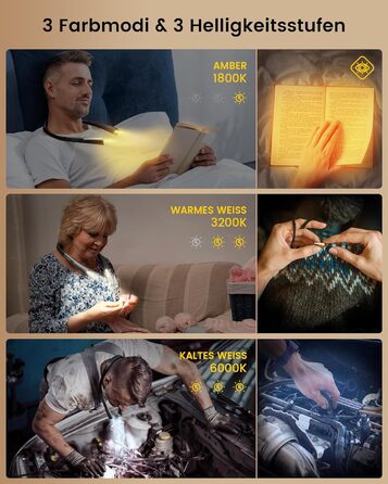 LED лампа на шию Glocusent: ідеальний подарунок на День Матері, для рукоділля, читання в ліжку, з таймером, 3 кольори та 3 рівня яскравості, акумуляторна, сірий колір