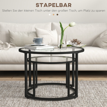 HOMCOM Set of 2 Side Tables with Black Steel Frame and Tempered Glass Tabletop, Partially Stackable for Living Room & Lounge