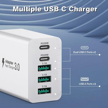 Зарядний пристрій USB-C 50W, 5 портів: 2 USB-C + 3 USB-A, Fast Charge PD 3.0, сумісний з iPhone, Samsung, планшетами - Білий