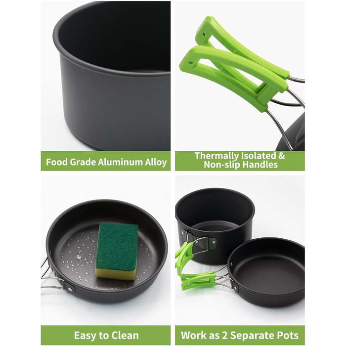 Oushome 16-Piece Camping Cookware Set for 2 People - Portable Cooking Set with Pots, Pans, Kettle, Cups, Plates - Green