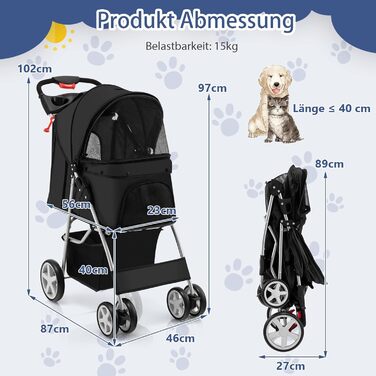Візок для собак SOARS, до 15 кг, складаний, з сітчастими віконцями, тримачем для напоїв та кошиком для зберігання, для маленьких тварин (Чорний)