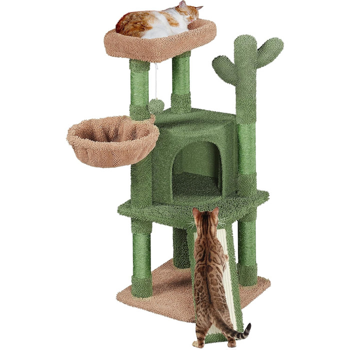 Yaheetech Cat Tree Cactus, Height 106.5 cm, Stable Cat Tree Climbing Tree with Viewing Platform, Cat Cave, Lounging Bed, Sisal Posts, Green/Brown